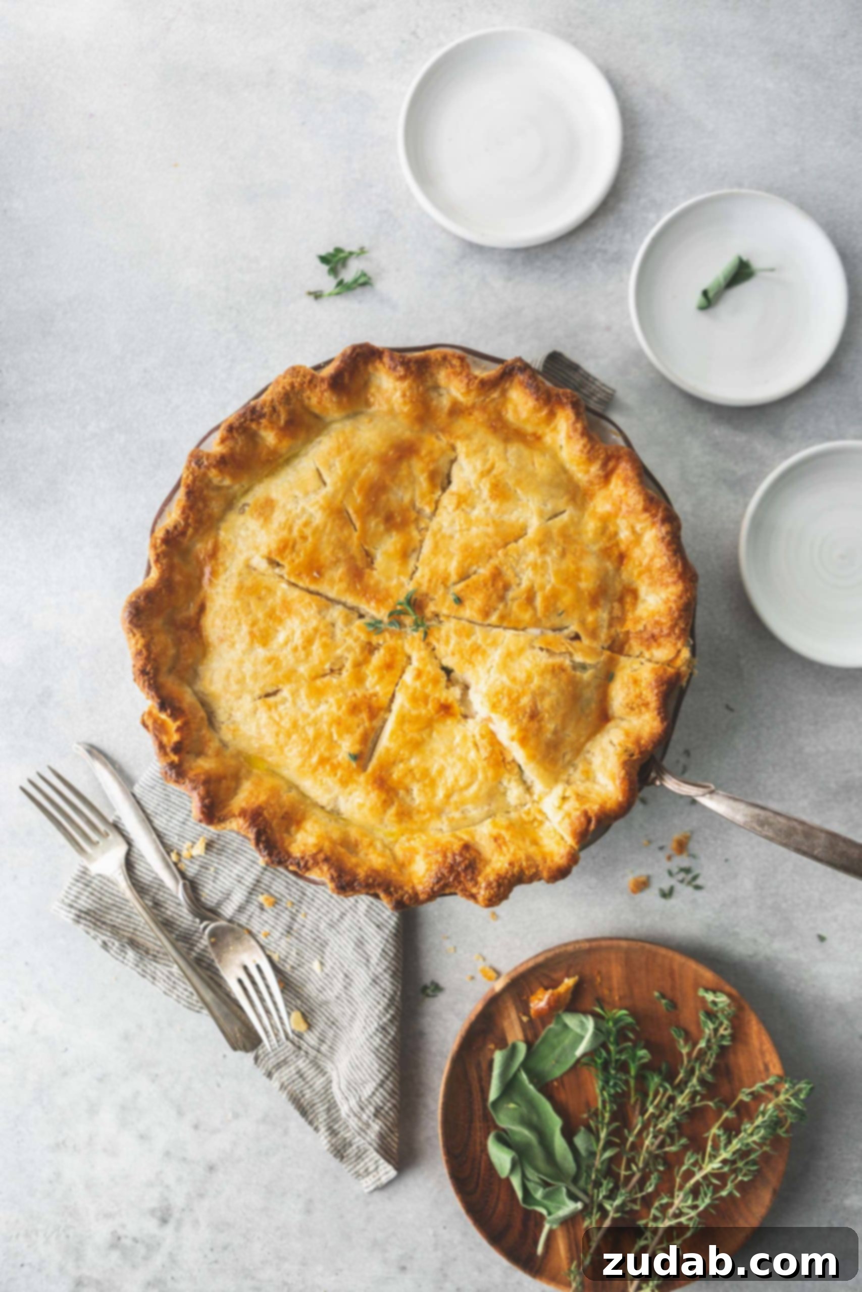 Turkey Pot Pie A baked turkey pot pie. The crust is golden brown and there are forks next to the pie and small containers of ingredients sitting next to the pie.
