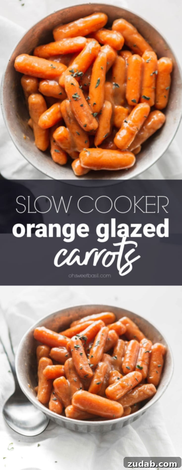 Sweet & Zesty Slow Cooker Carrots 3 A bowl of orange glazed baby carrots. A serving spoon is next to the bowl.