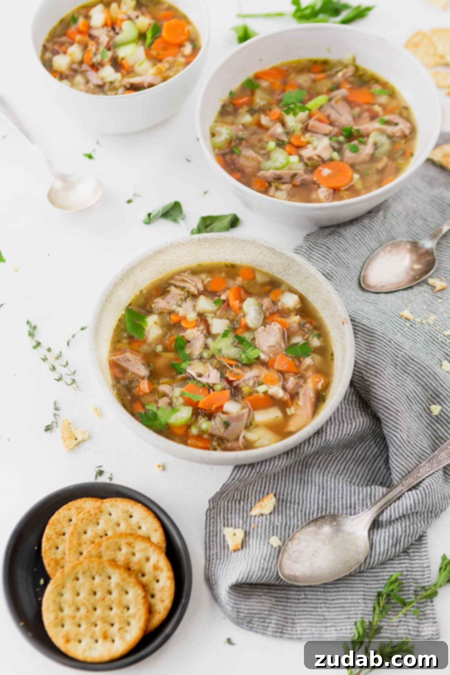 Two bowls of left over turkey soup. You can see the bright green celery and orange carrots in a broth with turkey. A spoon is next to each bowl and a small plate of crackers is near the closest bowl of soup.