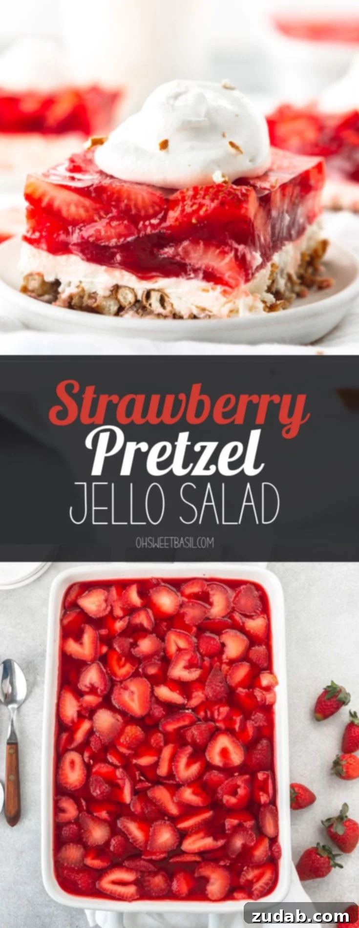 Strawberry Pretzel Dream 9 A serving of strawberry pretzel jello salad on a white dessert plate. The salad is layered with pretzel on the bottom, then a white cream layer topped with a layer of strawberry jello packed with sliced strawberries. A dollop of cool whip is on top. Two other servings are in the background.