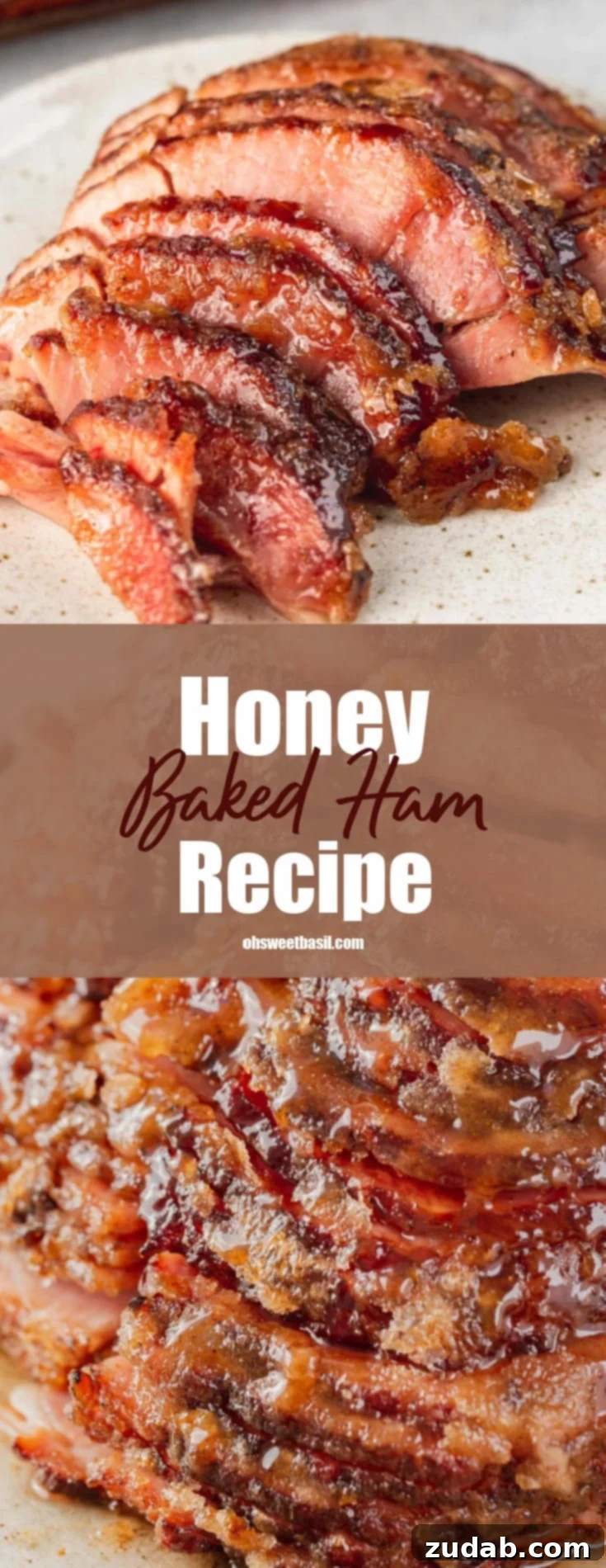 A beautifully spiral-cut honey glazed ham, with slices slightly separated to showcase the juicy meat and sticky, golden glaze.