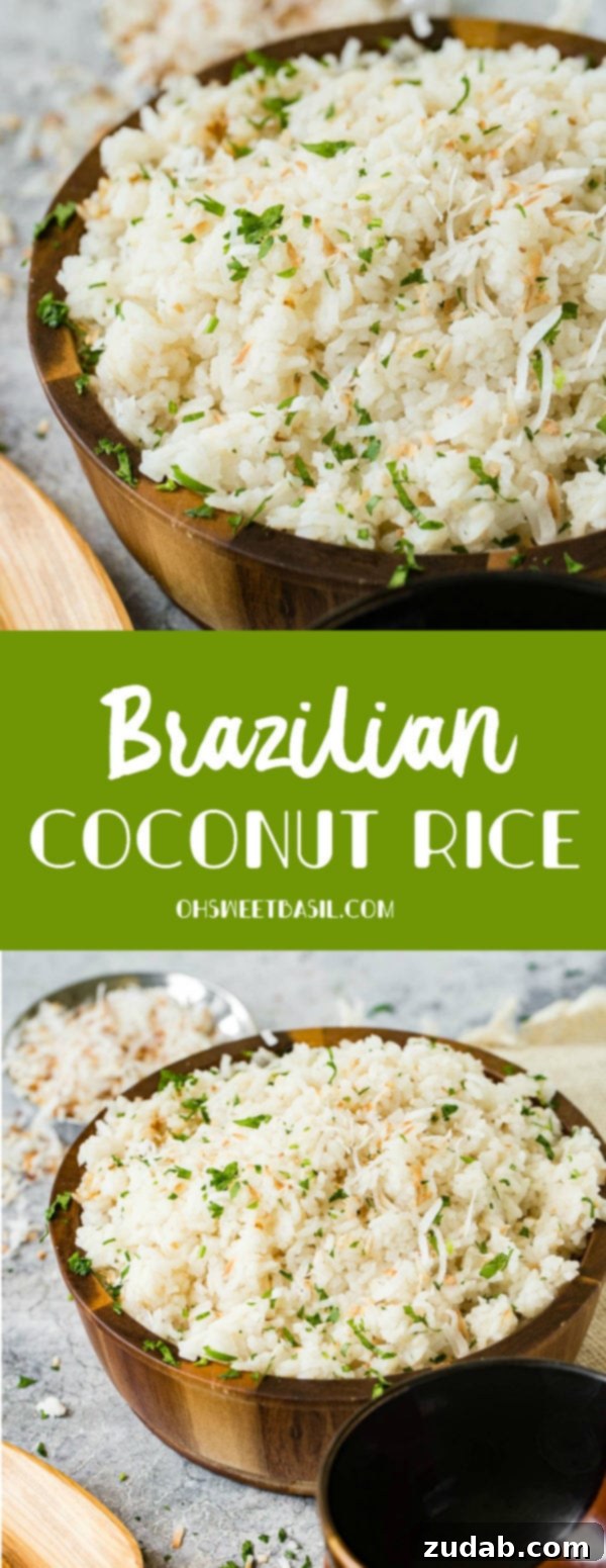 Tropical Brazilian Coconut Rice 4 A photo of Brazilian coconut rice in a large wooden bowl and garnished with chopped fresh basil.