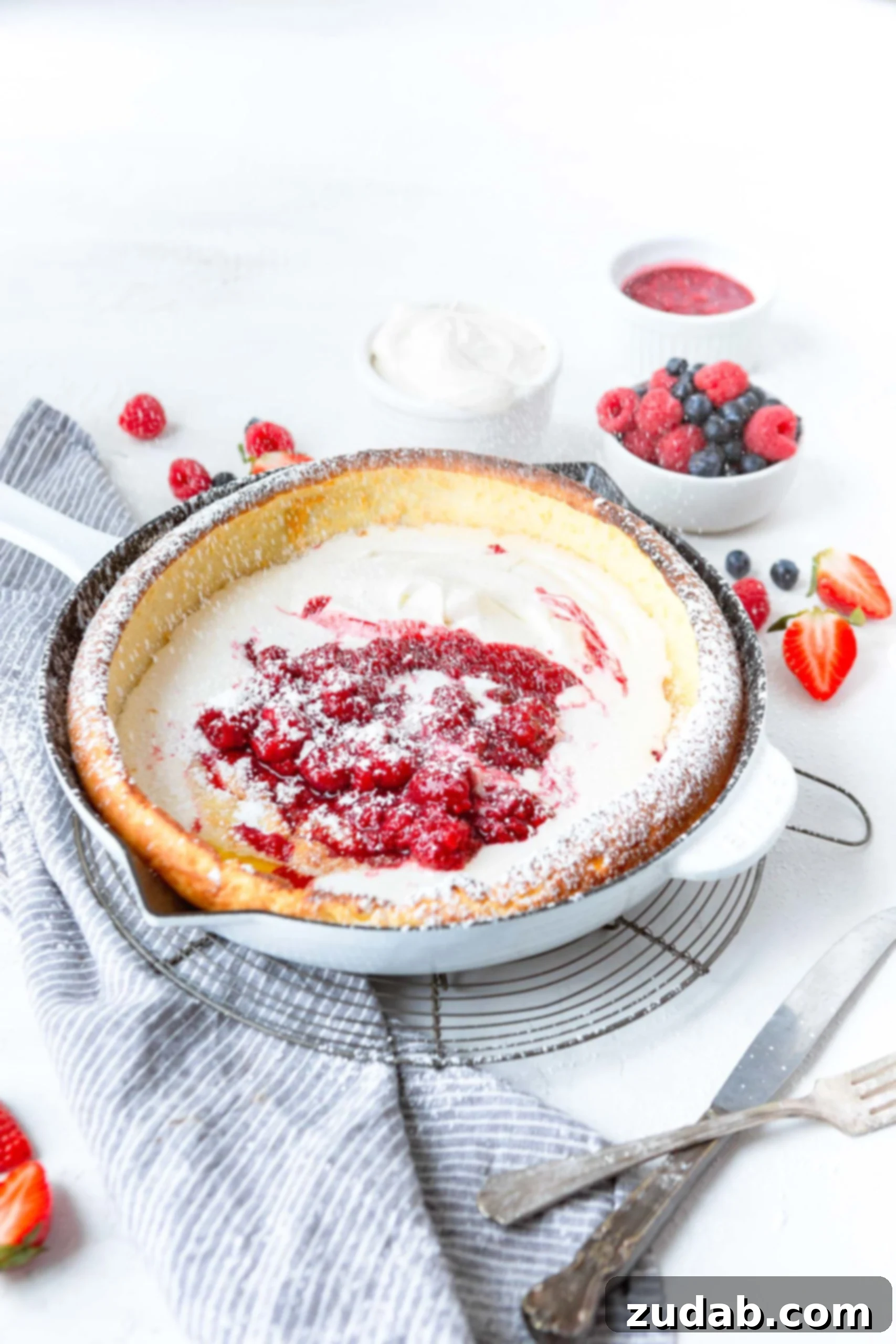 Dutch Baby Pancake A photo of a baked dutch baby pancake in a cast iron skillet topped with whipped cream, fresh berries and powdered sugar.