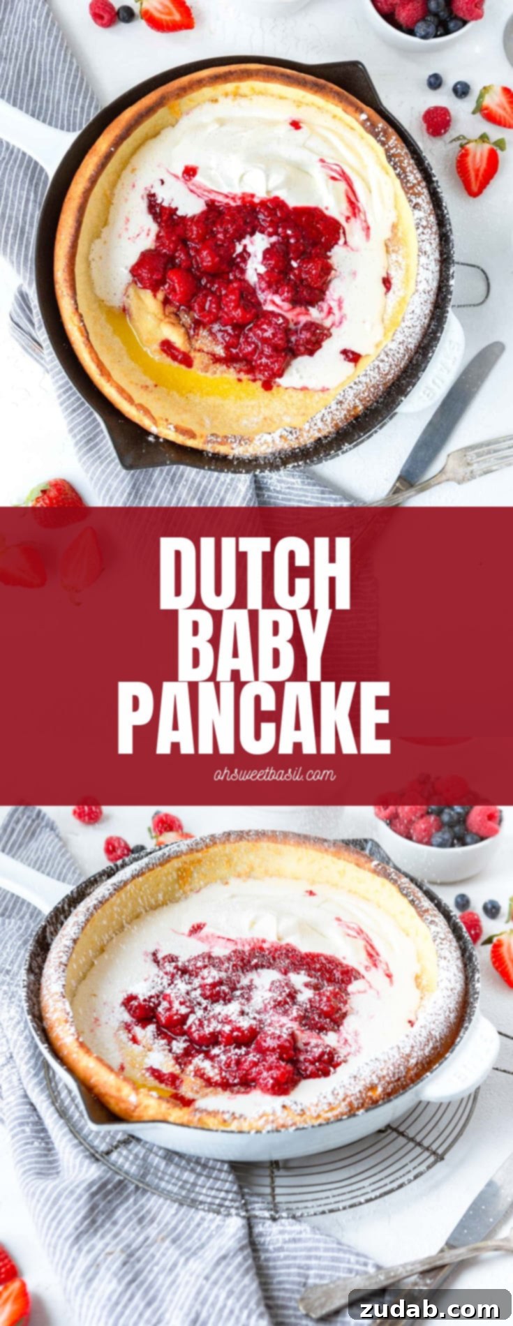 The Ultimate Dutch Baby Pancake 3 A photo of a baked dutch baby pancake topped with whipped cream and fresh berries.
