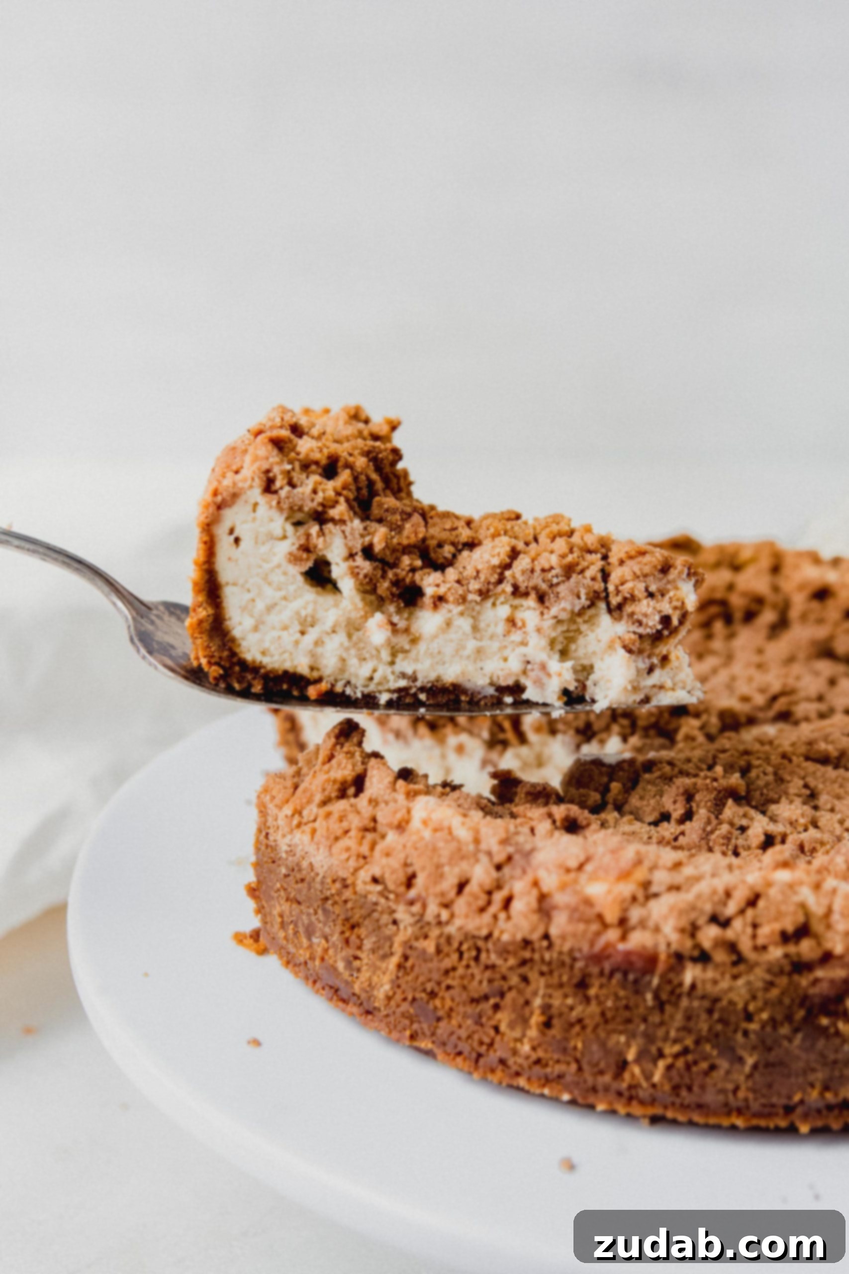 Biscoff Snickerdoodle Cookie Explosion Cheesecake A slice of biscoff snickerdoodle cheesecake being lifted on a pie server. You can see the cinnamon sugar snickerdoodle topping on the creamy cheesecake.