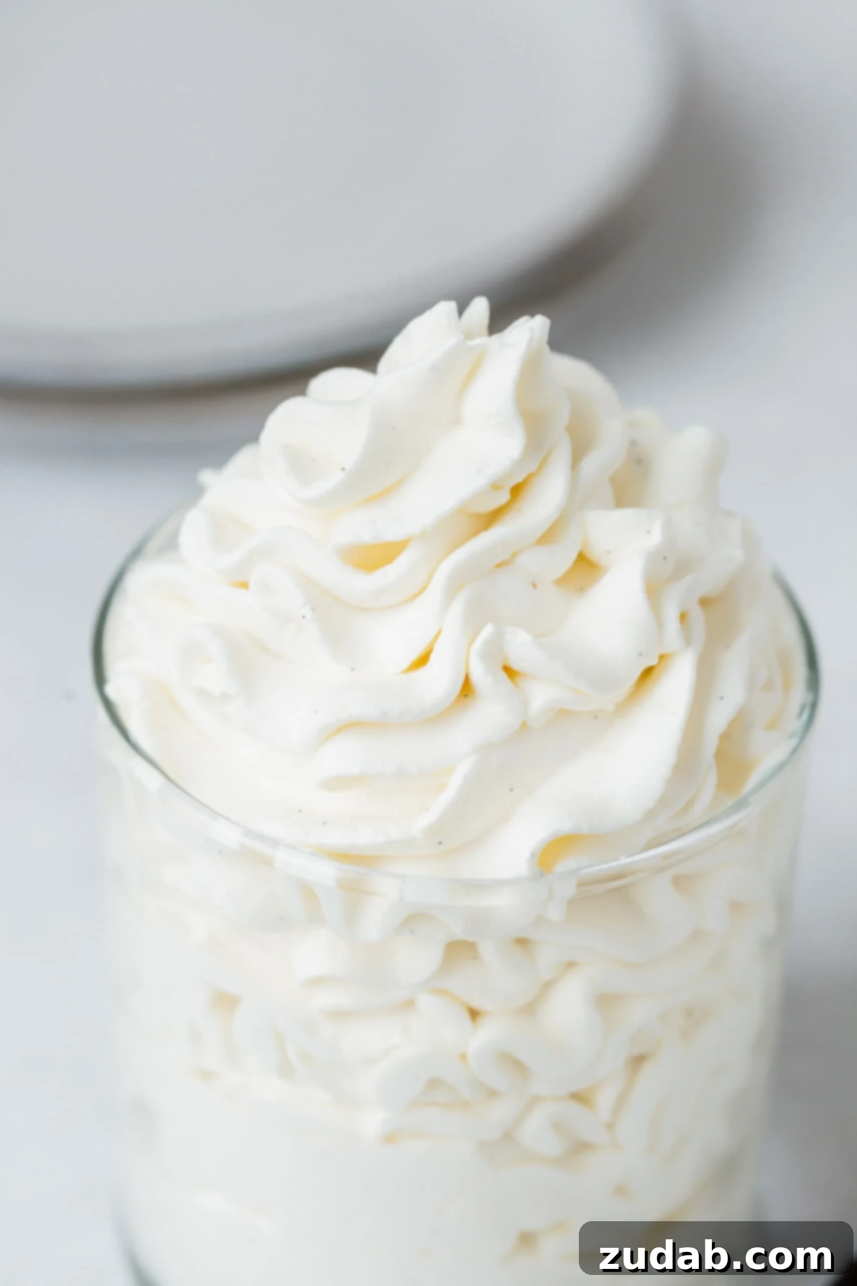 Vanilla Bean Whipped Cream a close up picture of mascarpone vanilla whipped cream in a glass.