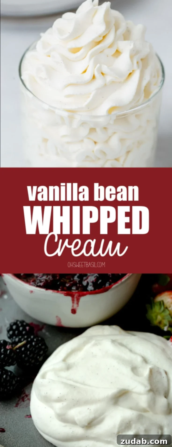 Dreamy Vanilla Bean Whipped Cream 4 a photo of a pile of perfectly whipped vanilla bean whipped cream with marscapone sitting next to fresh berries