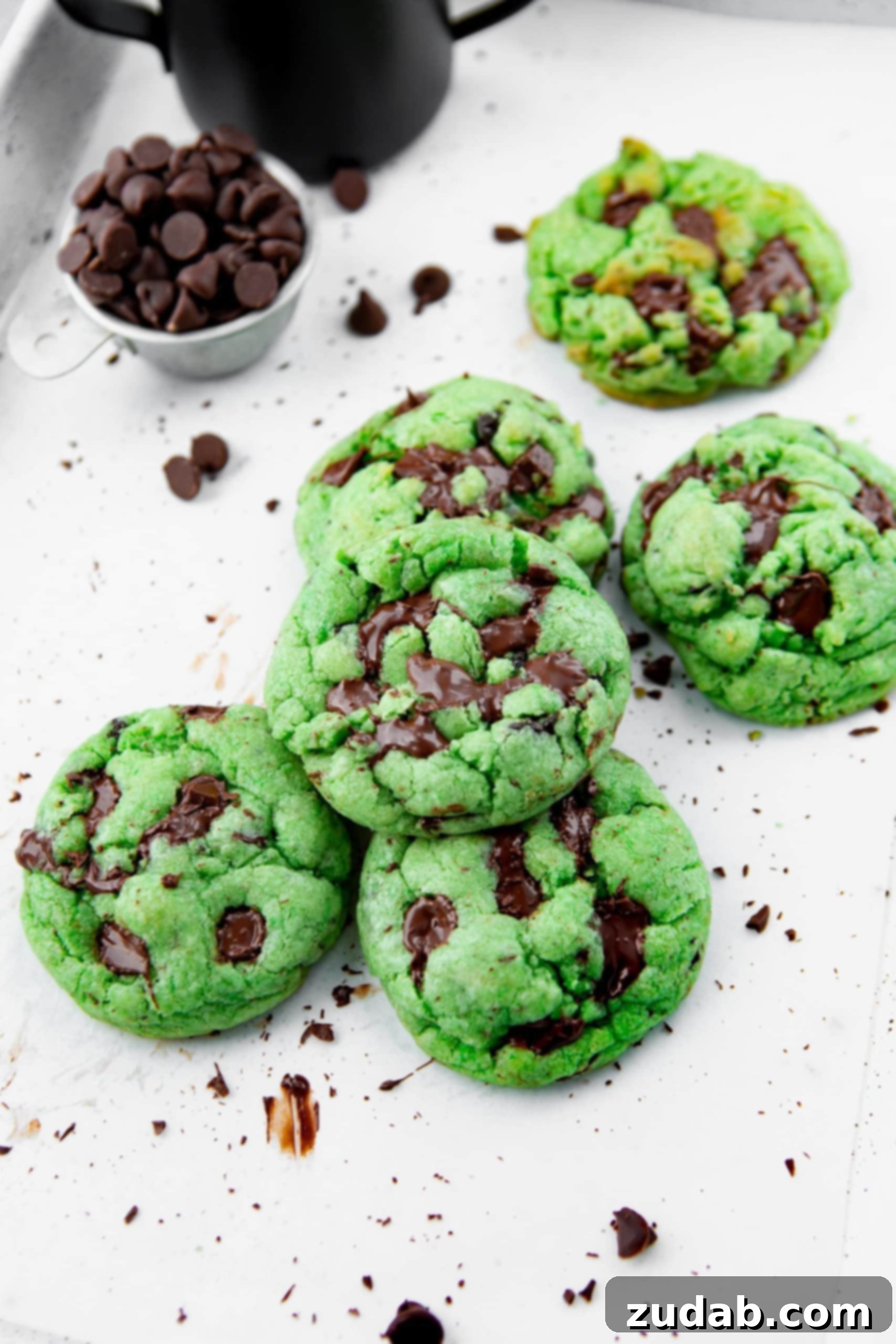 Green Mint Chocolate Chip Cookies A tempting photo of several large, soft green mint chocolate chip cookies arranged on a parchment-lined baking sheet, with a small cup of dark chocolate chips sitting nearby. This image highlights the generous size and rich green color of the cookies, ready to be enjoyed.