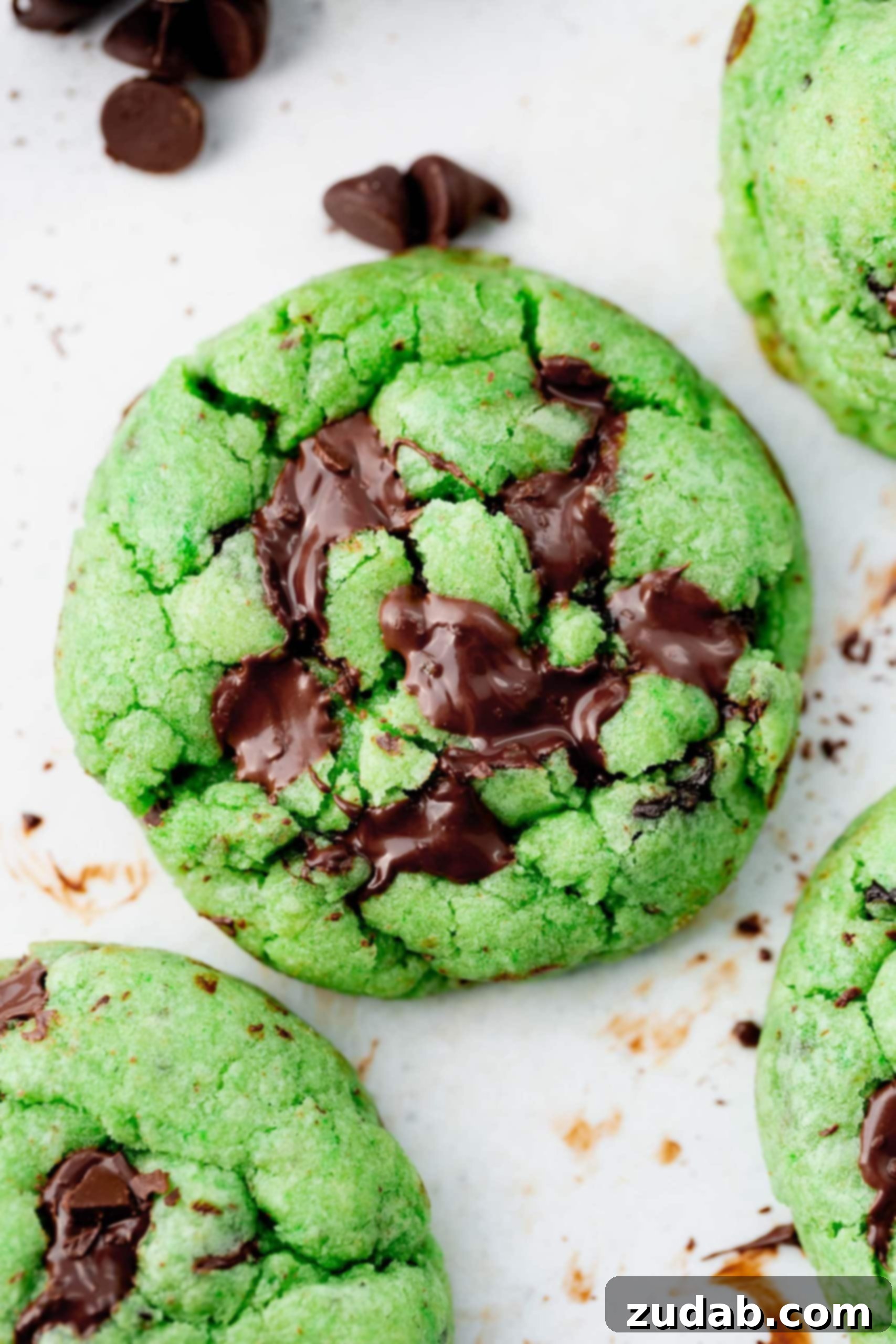 Green Mint Chocolate Chip Cookies A close-up photo of a single, large green mint chocolate chip cookie, perfectly baked and showcasing its soft, chewy texture. This image emphasizes the inviting quality of the cookies, highlighting their festive color and delicious appearance.