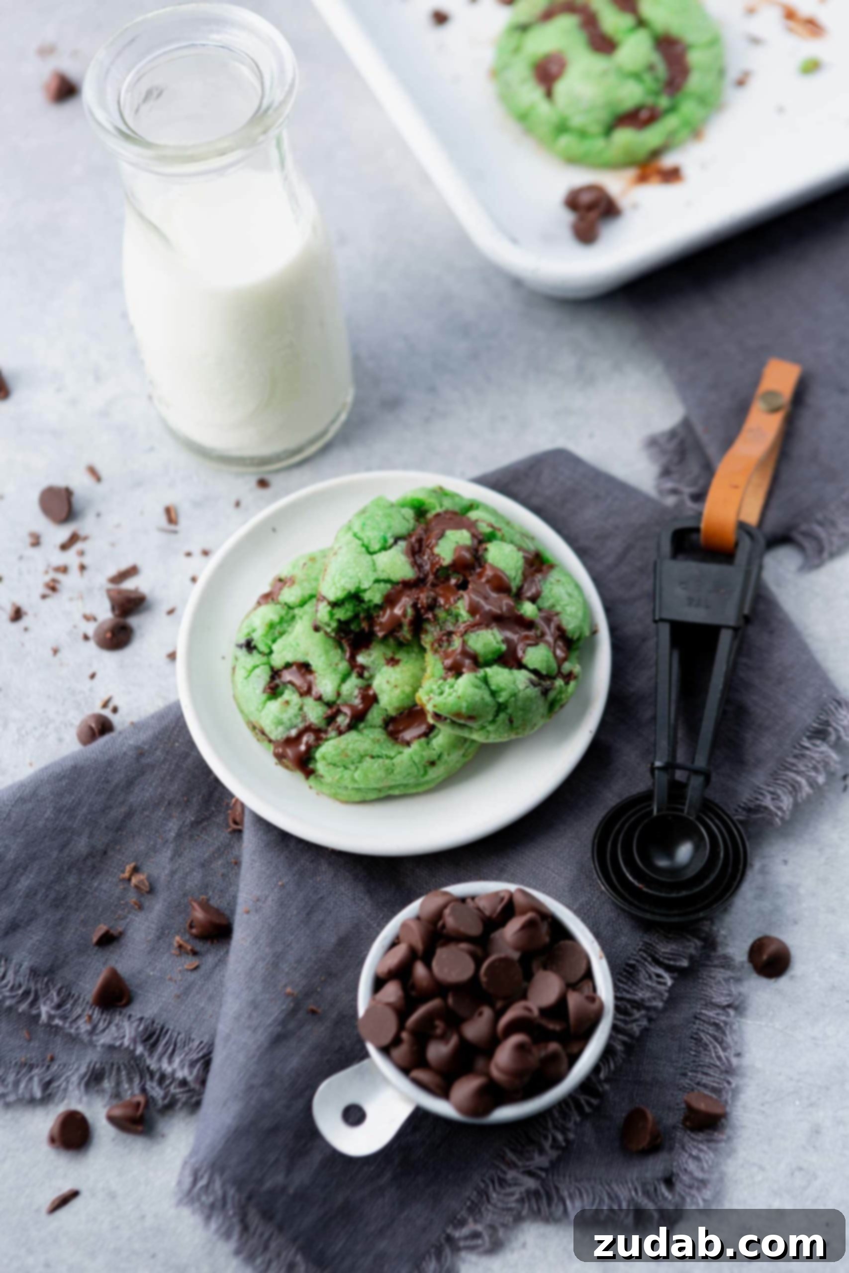 Green Mint Chocolate Chip Cookies A delightful photo featuring two large, soft green mint chocolate chip cookies on a white small plate, one with a bite taken out. Beside them, a tall glass of milk and a small cup of dark chocolate chips complete the inviting scene, perfect for a cozy treat.