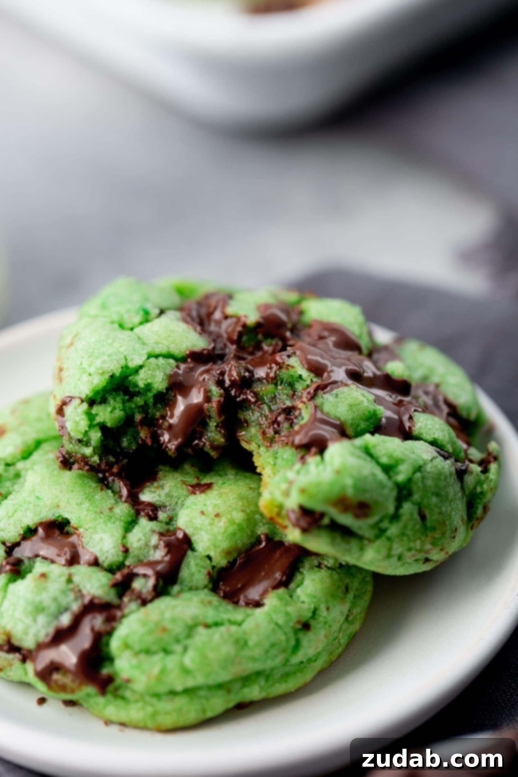 Green Mint Chocolate Chip Cookies Two large, soft green mint chocolate chip cookies resting on a small white plate. One cookie has a bite taken out, showcasing the dark chocolate chips embedded within its vibrant green dough. This image highlights the tempting quality of the cookies.
