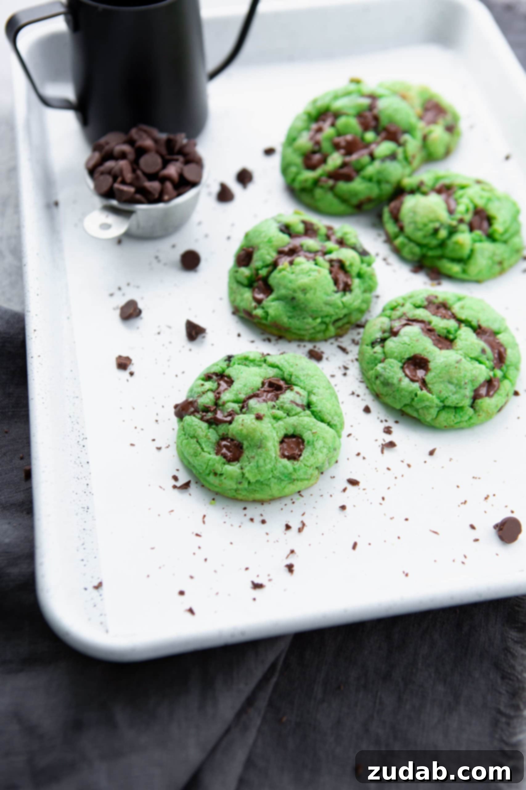 Green Mint Chocolate Chip Cookies A top-down view of several large, soft green mint chocolate chip cookies arranged on a parchment-lined baking sheet, with a cup of dark chocolate chips positioned next to them. This appealing photo captures the festive green color and the rich chocolate additions, inviting a taste.