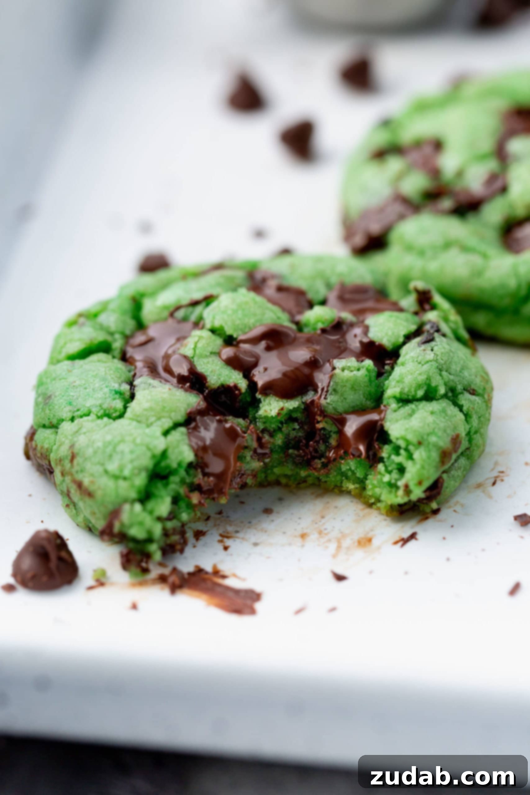 Green Mint Chocolate Chip Cookies A very close-up photo of a single green mint chocolate chip cookie with a bite taken out. The image perfectly captures the soft, rich texture, the dark chocolate chips, and the vibrant green color, making it look incredibly inviting.