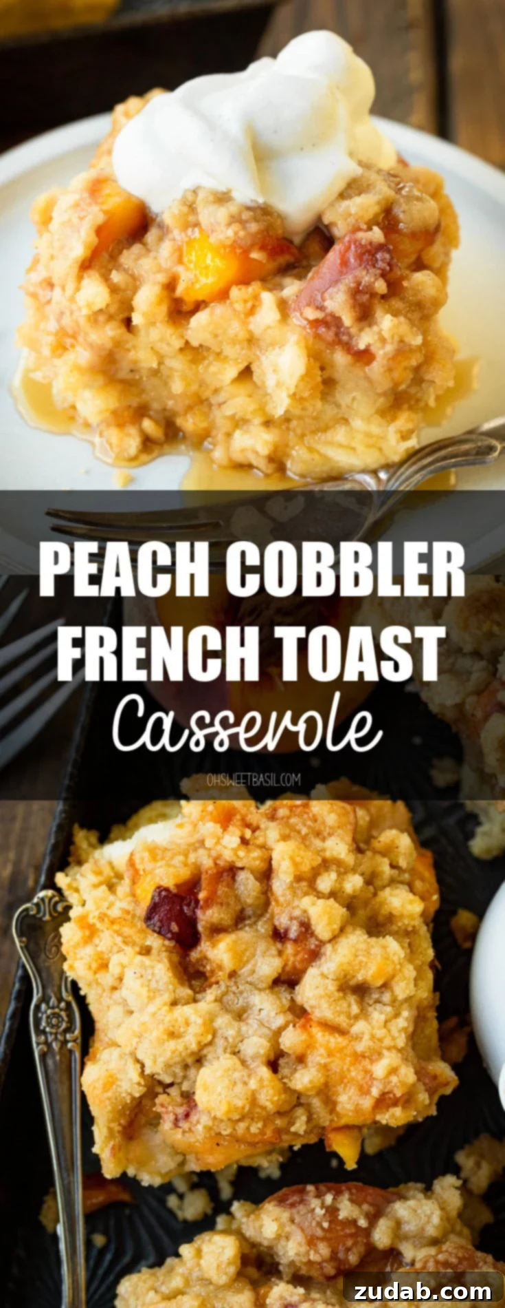 Delicious Peach Cobbler French Toast 16 A large, perfectly golden baked peach cobbler french toast casserole, ready to be served, topped with a dollop of whipped cream for a close-up, irresistible finish.