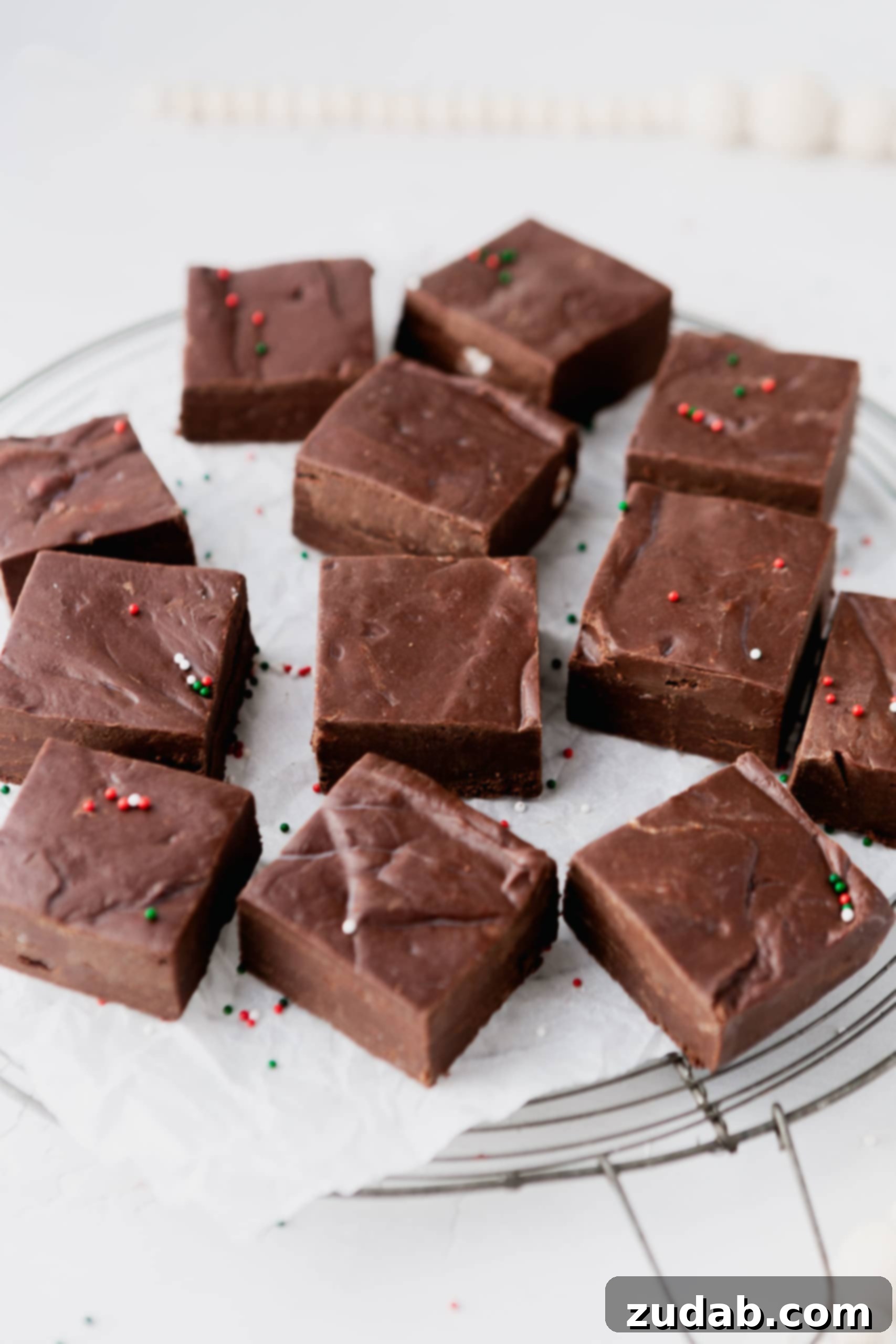 Homemade Chocolate Fudge A plate of square pieces of chocolate fudge.