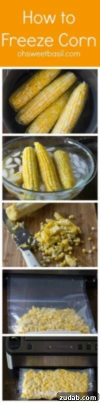 Simple steps to perfectly frozen corn, preserving flavor and texture. A step-by-step infographic showing the process of shucking, blanching, cutting, and freezing corn.