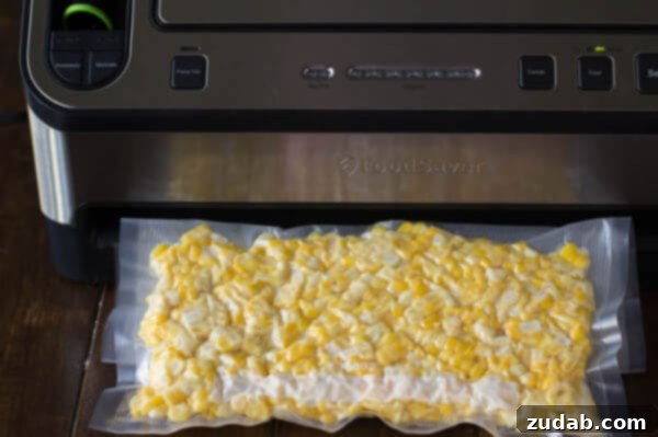 Vacuum-sealed corn kernels for optimal long-term freezer storage. Several vacuum-sealed bags of corn kernels neatly stacked, ready for long-term freezer storage.