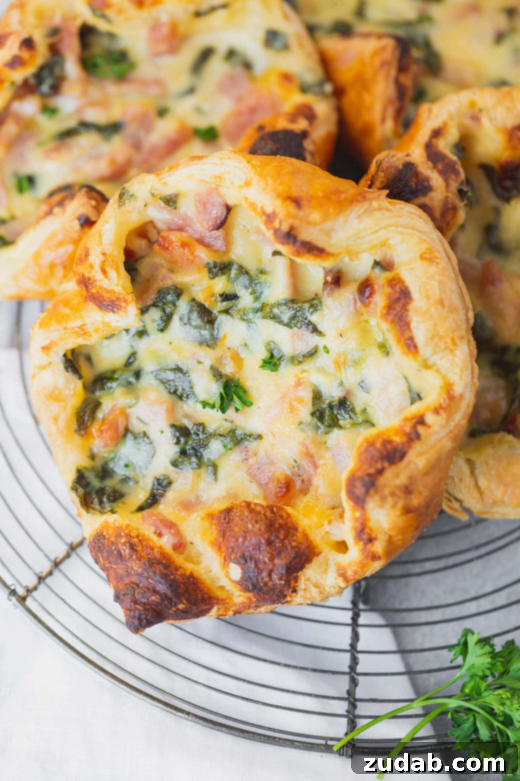 Ham and Cheese Puffs A close-up photo of a golden puff pastry filled generously with creamy, cheesy ham and vibrant spinach, highlighting the rich texture and appetizing filling.