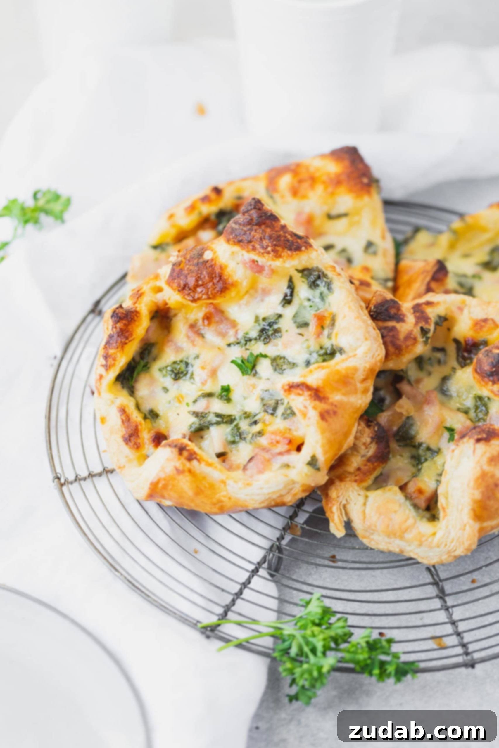 Ham and Cheese Puffs A photo of golden puff pastries generously filled with cheesy ham and spinach, arranged neatly on a circular cooling rack, showcasing their enticing appearance.