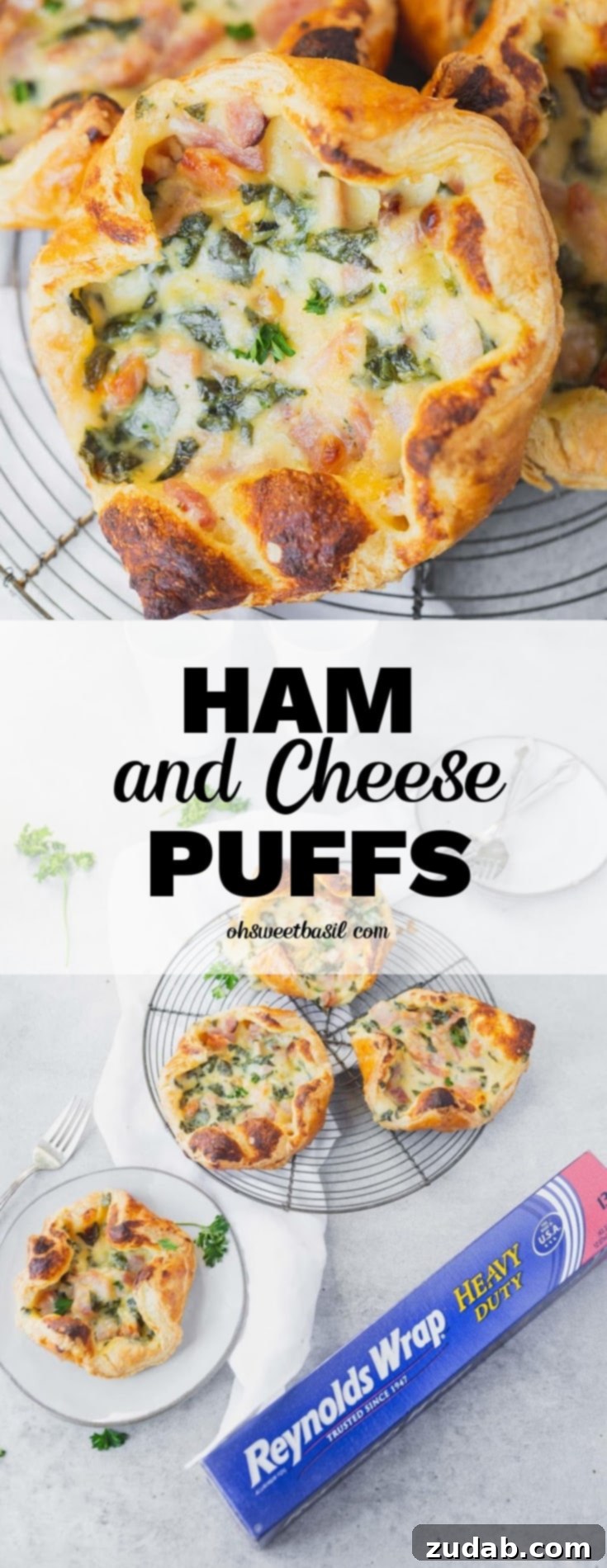 Golden Ham and Cheese Delights 3 #ad Three delicious Ham and Cheese Puffs on a cooling rack, one on a plate, with a box of Reynolds Wrap Heavy Duty foil nearby. Perfect for Easter leftovers and easy cleanup!
