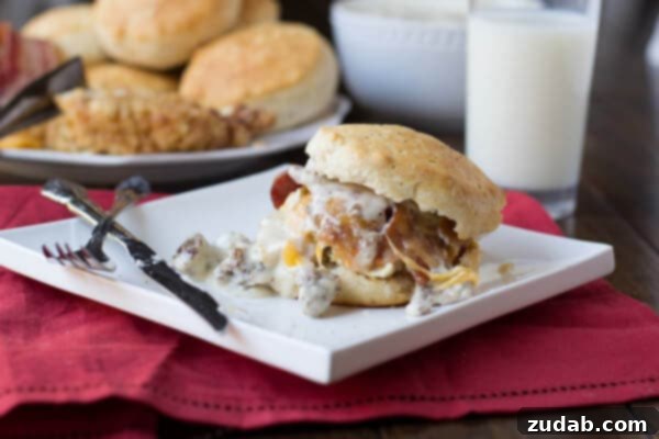 A plate of ultimate biscuits and gravy with fried chicken and bacon, symbolizing a heartwarming family moment. A plate of ultimate biscuits and gravy with fried chicken and bacon, symbolizing a heartwarming family moment.