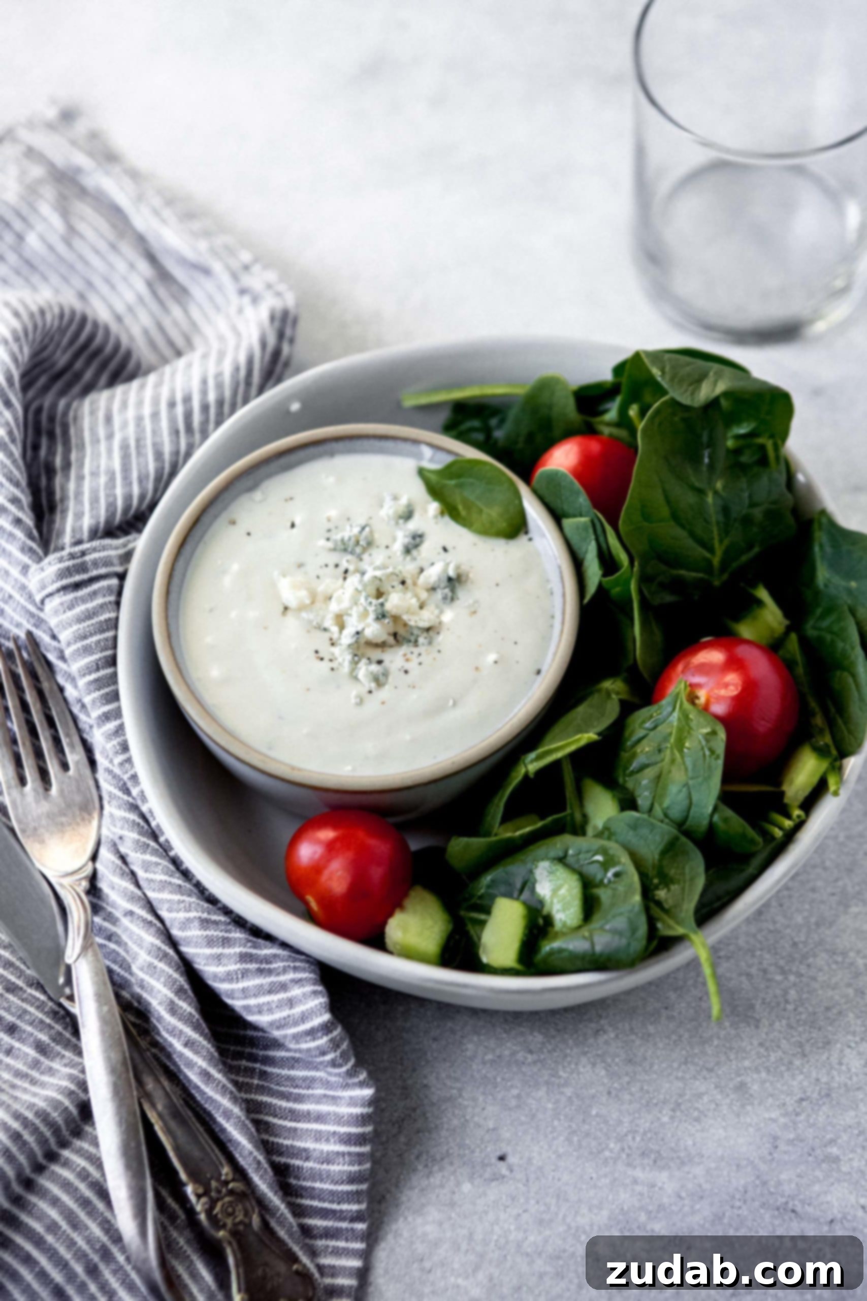 Blue Cheese Dressing a photo of a green salad in a white bowl with a cup of blue cheese dressing in the bowl