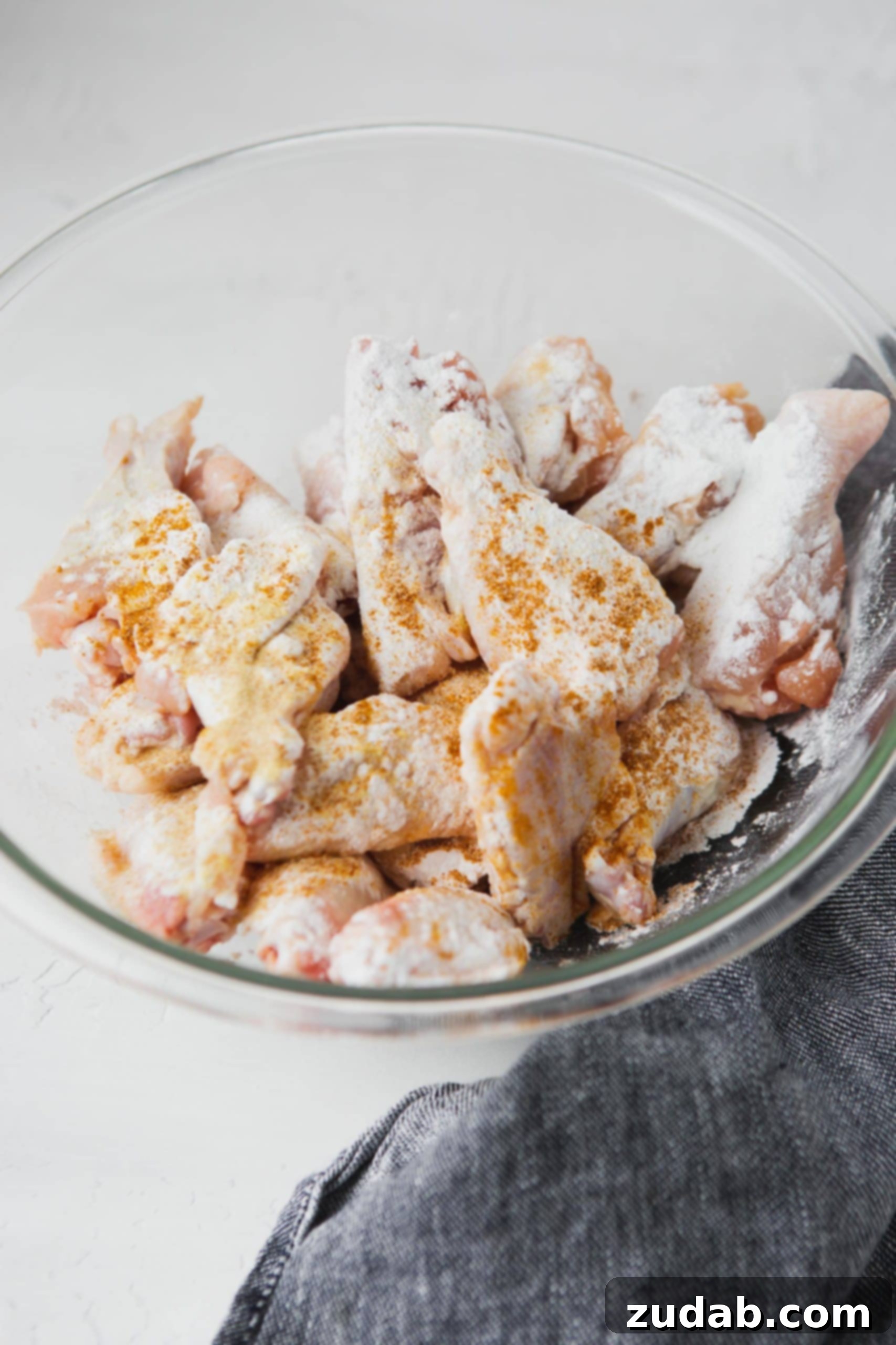 Air Fryer Teriyaki Chicken Wings a photo of a glass bowl full of raw but seasoned chicken wings
