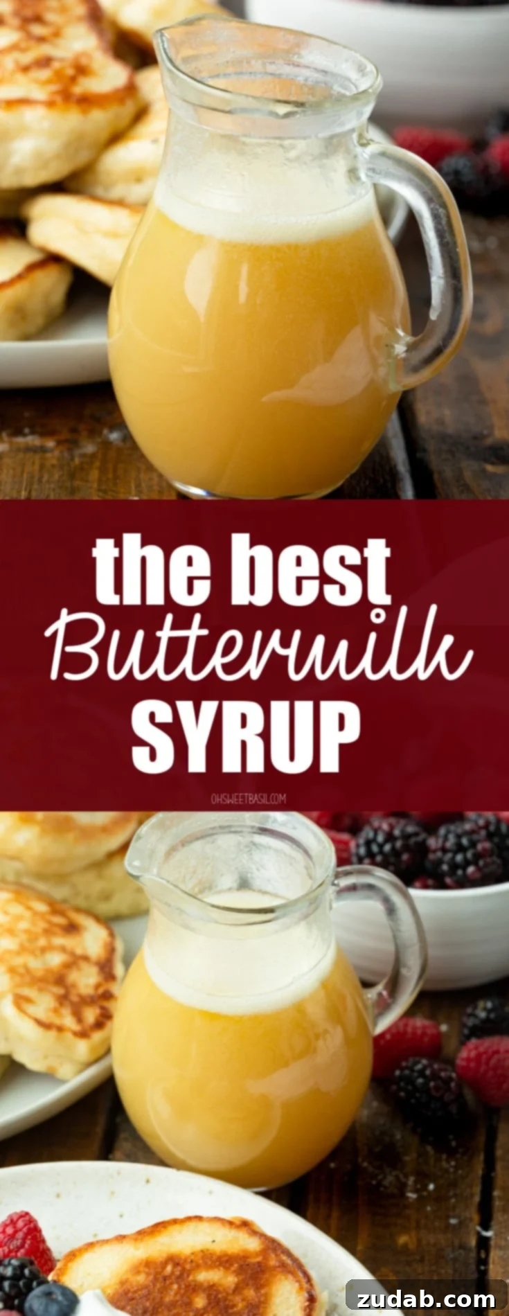 A close-up shot of a small glass pitcher filled with golden buttermilk syrup, with a scattering of fresh berries and a plate of warm pancakes subtly blurred in the background, creating an inviting breakfast scene.