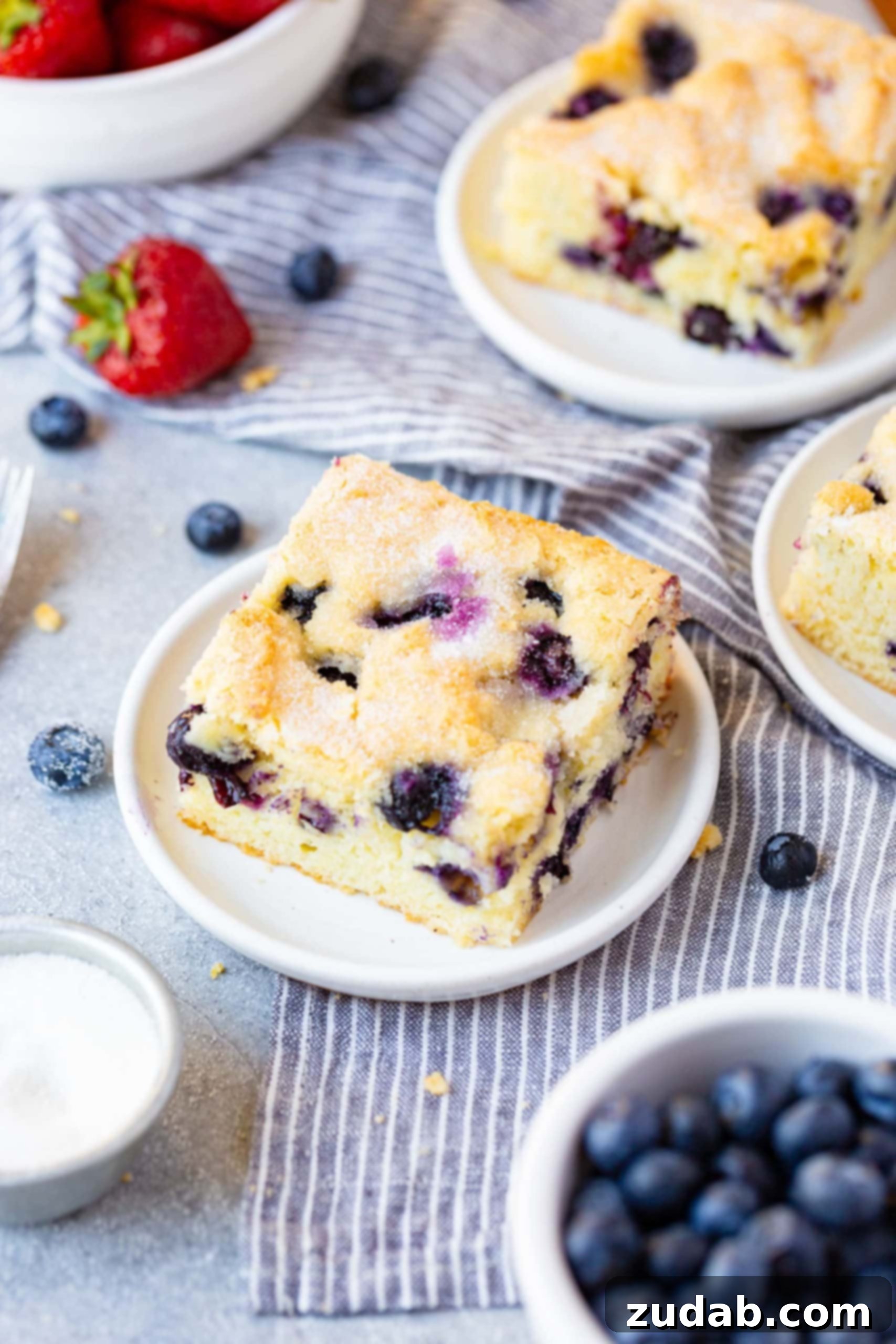 Buttermilk Blueberry Coffee Cake 3 Several slices of moist blueberry breakfast cake on white plates, ready to be served.
