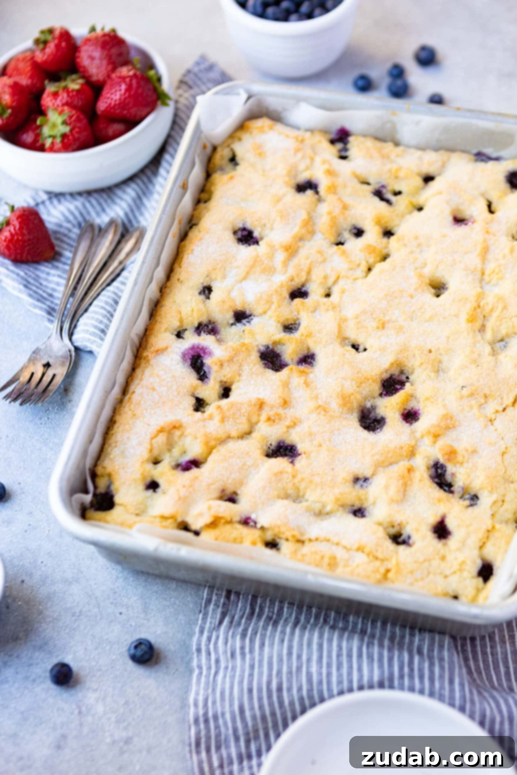 Buttermilk Blueberry Coffee Cake 4 A golden brown buttermilk blueberry breakfast cake in a 9x13 inch baking pan, with two forks suggesting immediate enjoyment.