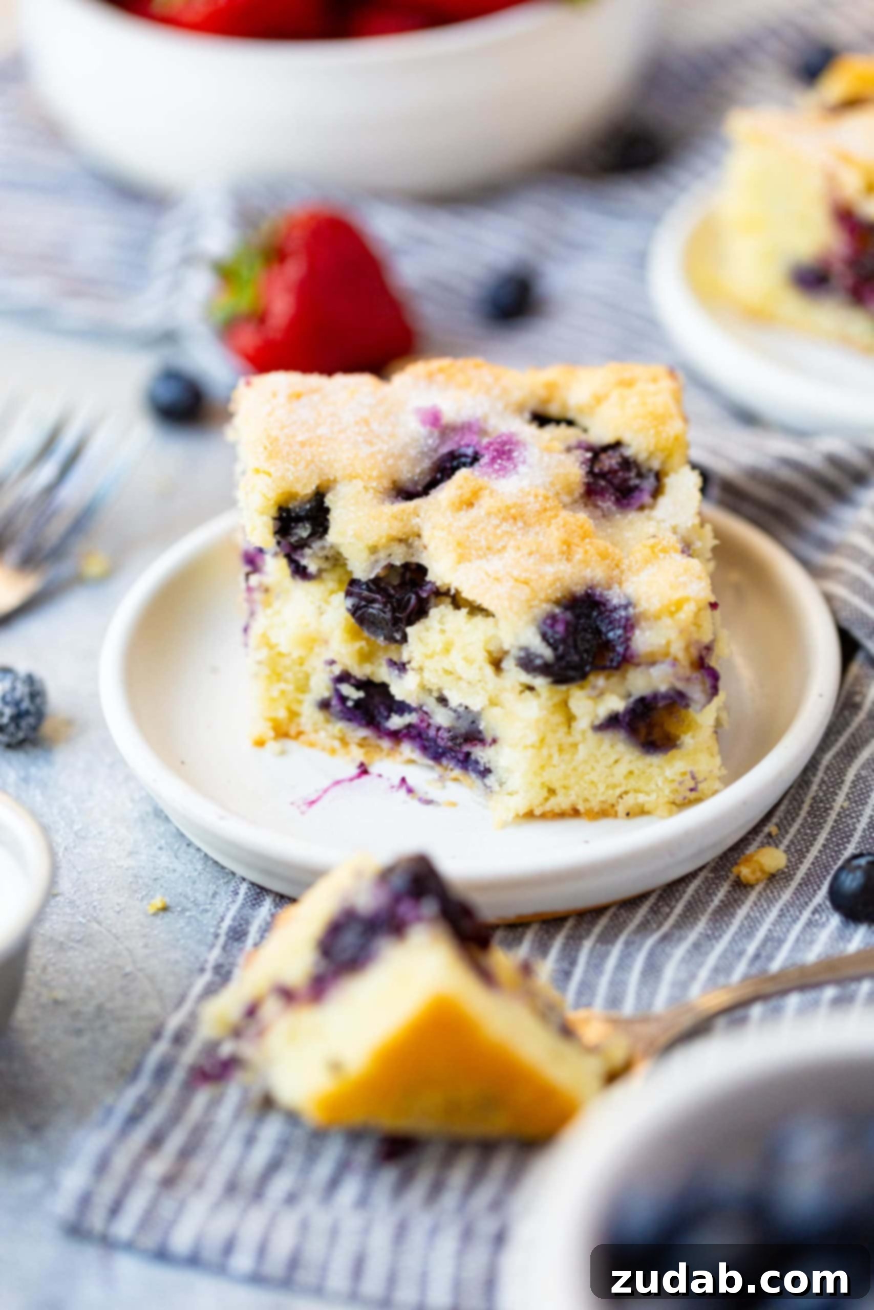 Buttermilk Blueberry Coffee Cake 5 A close-up of a slice of buttermilk blueberry breakfast cake with a bite taken, showing the moist interior and juicy blueberries.