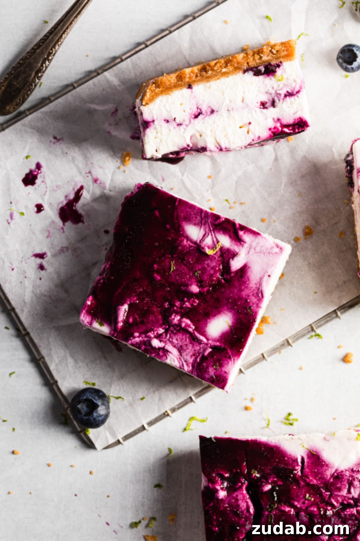 Luscious No-Bake Blueberry Lime Cheesecake Bars 2 No-bake blueberry lime cheesecake bars on a white serving plate