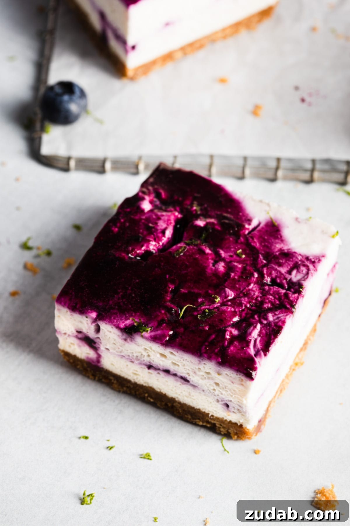 Luscious No-Bake Blueberry Lime Cheesecake Bars 5 Various no-bake blueberry lime cheesecake bars on a cooling rack