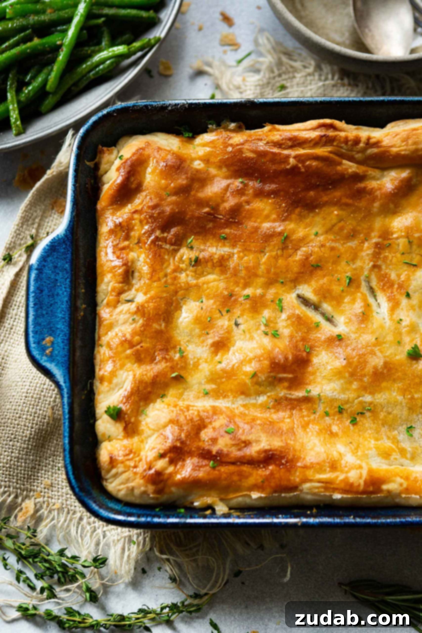 Enfes Dana Etli Kat Kat Börek 2 a photo of a dark blue rectangular baking dish will of beef pot pie topped with flaky golden puff pastry.