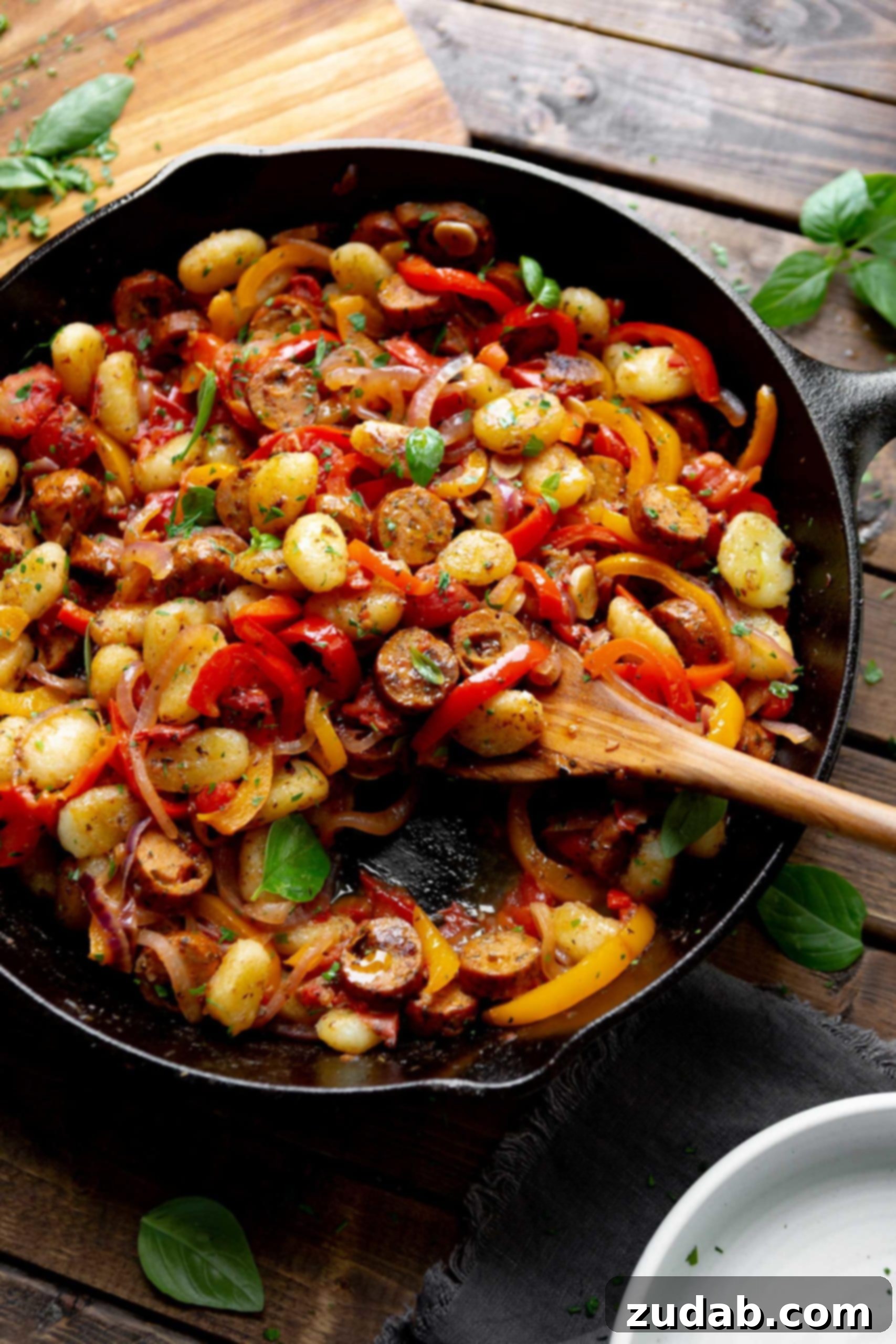 20 Minute Sausage and Peppers Gnocchi A photo of a cast iron skillet with golden sausage slices, tender red and yellow bell peppers and onions, and crispy gnocchi with a wooden spoon dishing up a serving.