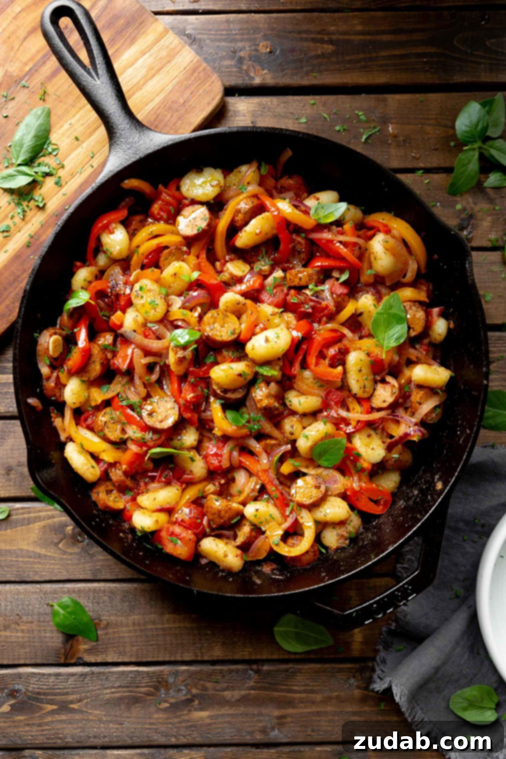 20-Minute Sausage and Pepper Gnocchi Skillet 2 A photo of a large cast iron skillet full of crispy golden gnocchi and tender slices of peppers and onions and large chunks of sausage.