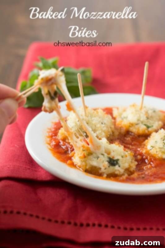 Easy Homemade Baked Mozzarella Bites Close-up of baked mozzarella bites, golden brown and perfectly gooey, served with marinara sauce.