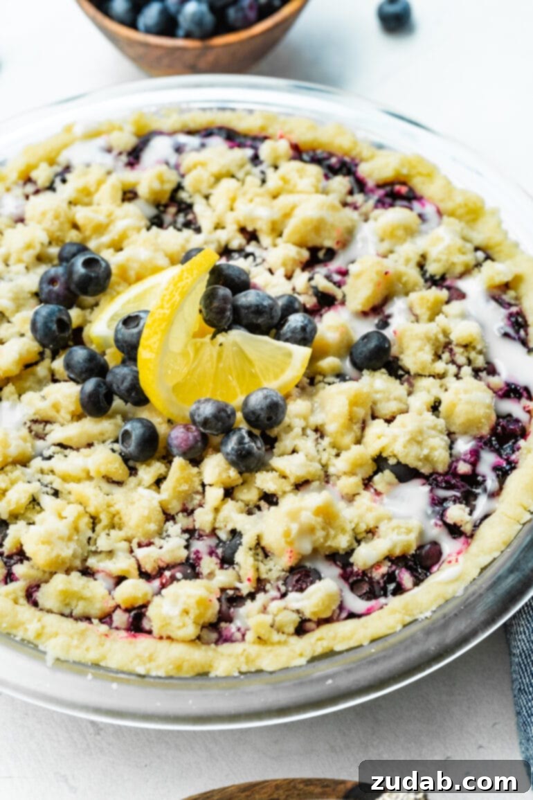 Wild Blueberry Shortbread Bliss 2 A photo of a whole baked wild blueberry pie in a shortbread crust with a streusel topping and a vanilla glaze, ready to be served.
