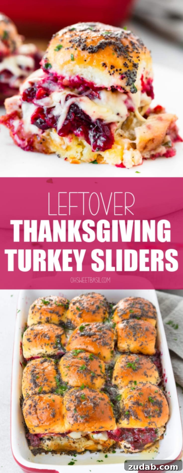 Thanksgiving Encore Turkey Sliders 3 A close-up photo of a turkey cranberry slider covered in a buttery poppyseed dressing with cranberry sauce and melty cheese oozing out the sides, ready to be enjoyed.