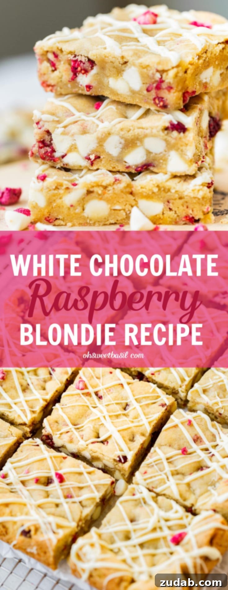 Decadent White Chocolate Raspberry Blondies 3 A photo of a stack of three white chocolate raspberry blondies taken so you can see the cross-sections of the blondies, highlighting the moist interior and plentiful mix-ins.