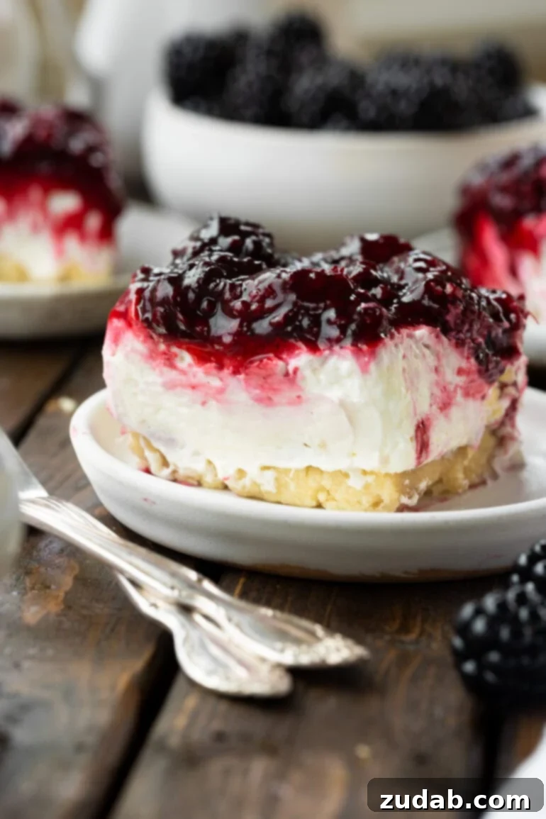 Berry Bliss Cheesecake Bars 2 a photo of a cheesecake bar with a pie crust bottom, thick creamy layer topped with a mixed berry topping.