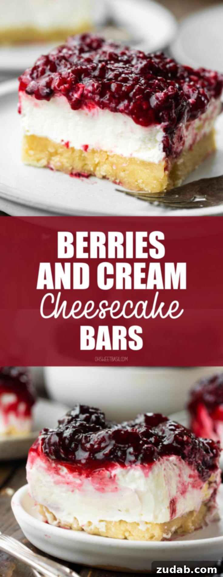 Berry Bliss Cheesecake Bars 10 a photo of a cheesecake bar with a pie crust bottom, thick creamy layer topped with a mixed berry topping.