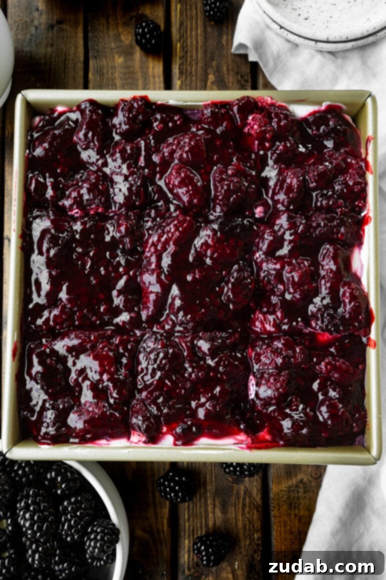 Berry Bliss Cheesecake Bars 4 a photo of the cross-section of berries and cream cheesecake bars with a thick pie crust, white cream layer and bright mixed berries on top.