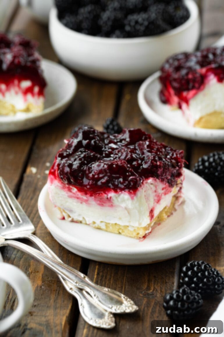 Berry Bliss Cheesecake Bars 6 a couple of white plates with an almost no bake cheesecake and berry sauce