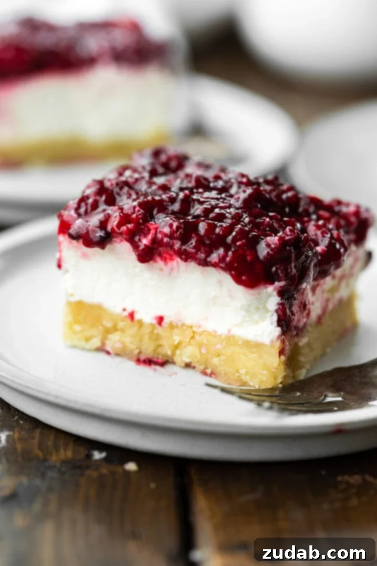 Berry Bliss Cheesecake Bars 9 a photo of a cheesecake bar with a pie crust bottom, thick creamy layer topped with a mixed berry topping.