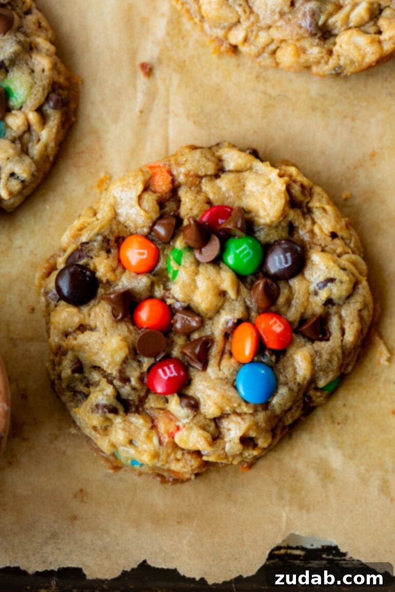 Ultimate Gluten-Free Monster Cookies 11 A photo of a large, perfectly baked gluten-free monster cookie, showcasing its ideal shape and rich, chewy texture.