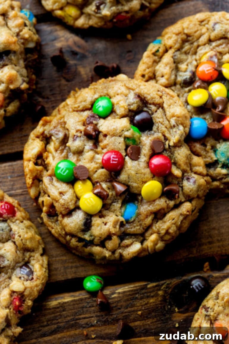Ultimate Gluten-Free Monster Cookies 12 An overhead photo of a large, freshly baked gluten-free monster cookie, perfectly rounded and inviting.