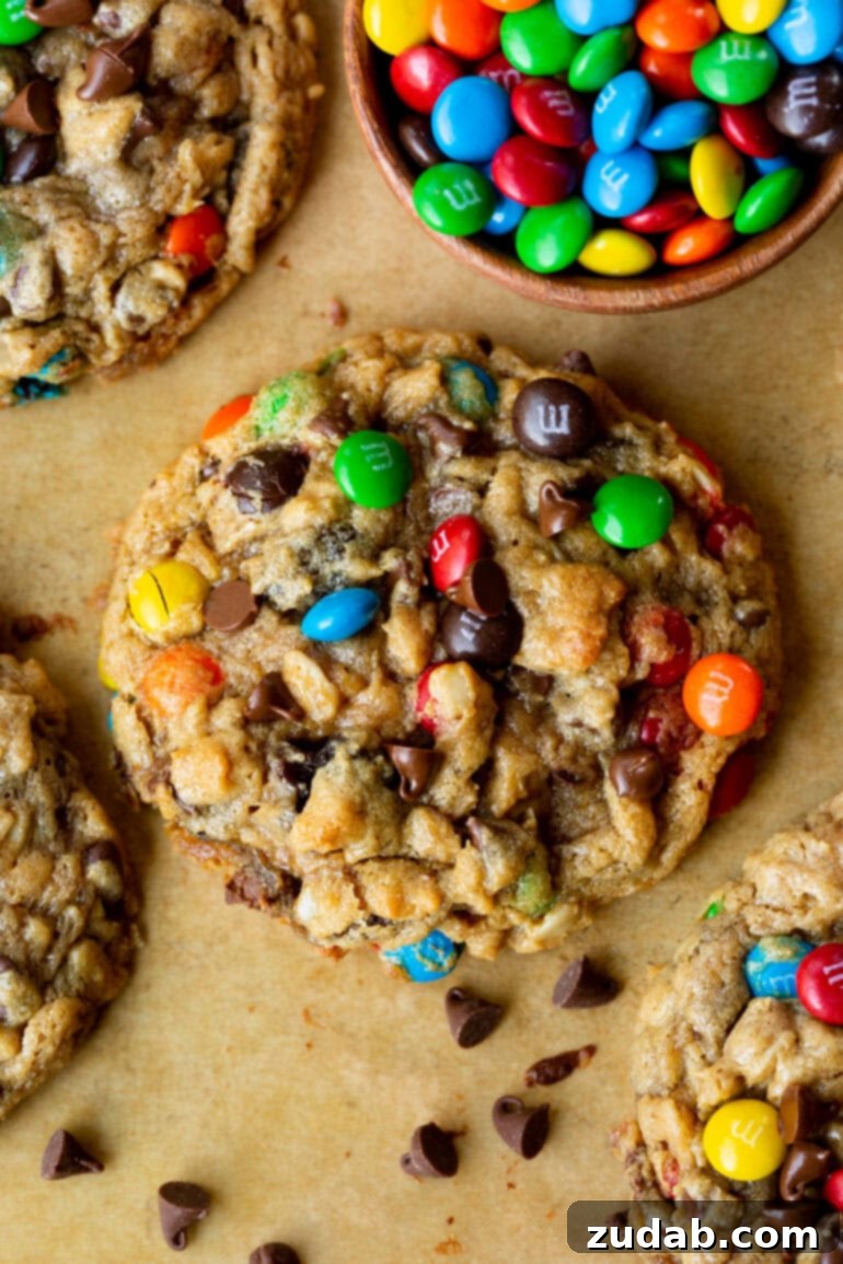 Ultimate Gluten-Free Monster Cookies 13 A photo of several large gluten-free monster cookies, loaded with chocolate chips and M&M's, ready to be devoured.