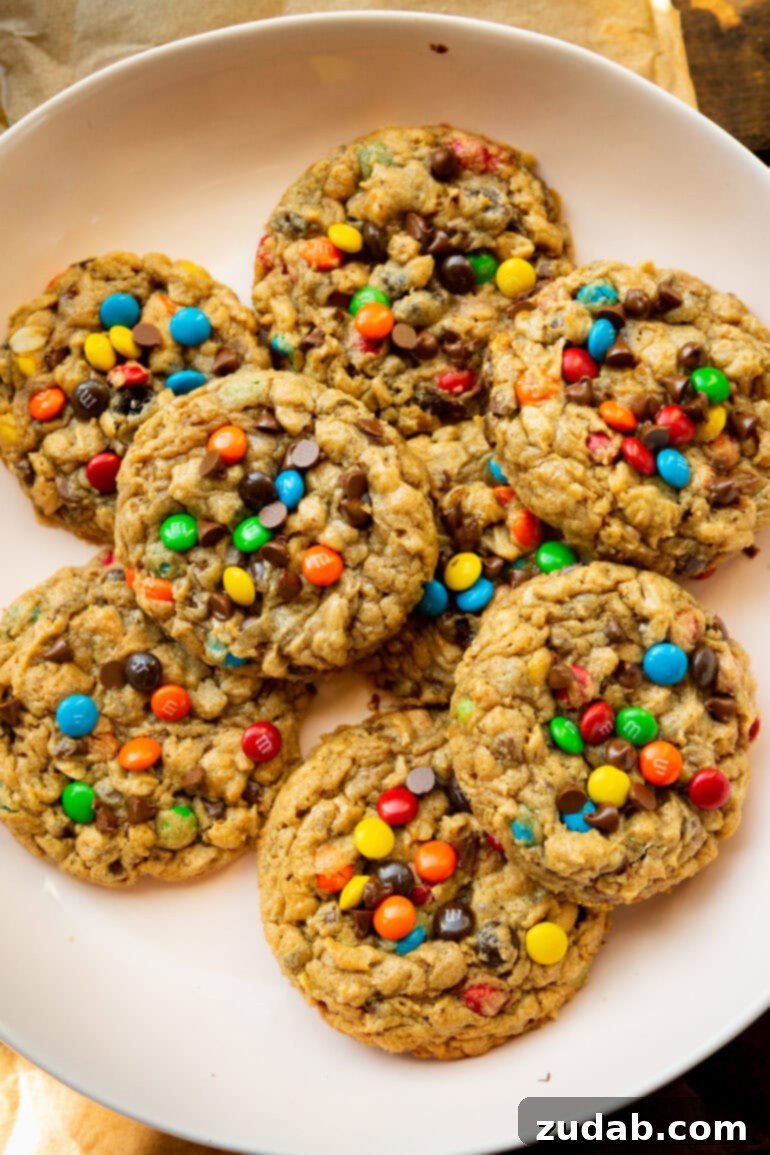 Ultimate Gluten-Free Monster Cookies 3 A photo of several thick and chewy gluten-free monster cookies piled artfully on a white serving plate, highlighting their generous mix-ins.