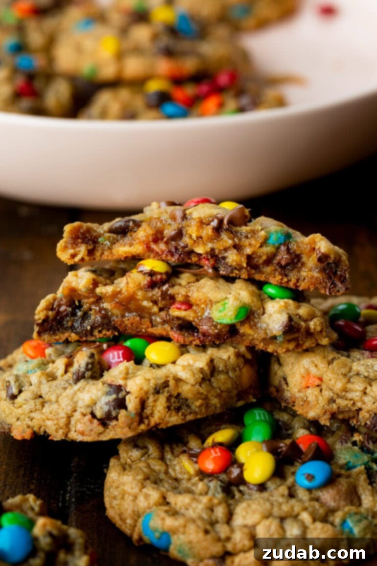 Ultimate Gluten-Free Monster Cookies 4 A close-up photo of a gluten-free monster cookie broken in half, revealing its chewy cross-section loaded with M&M's, chocolate chips, and oats, stacked on more cookies.